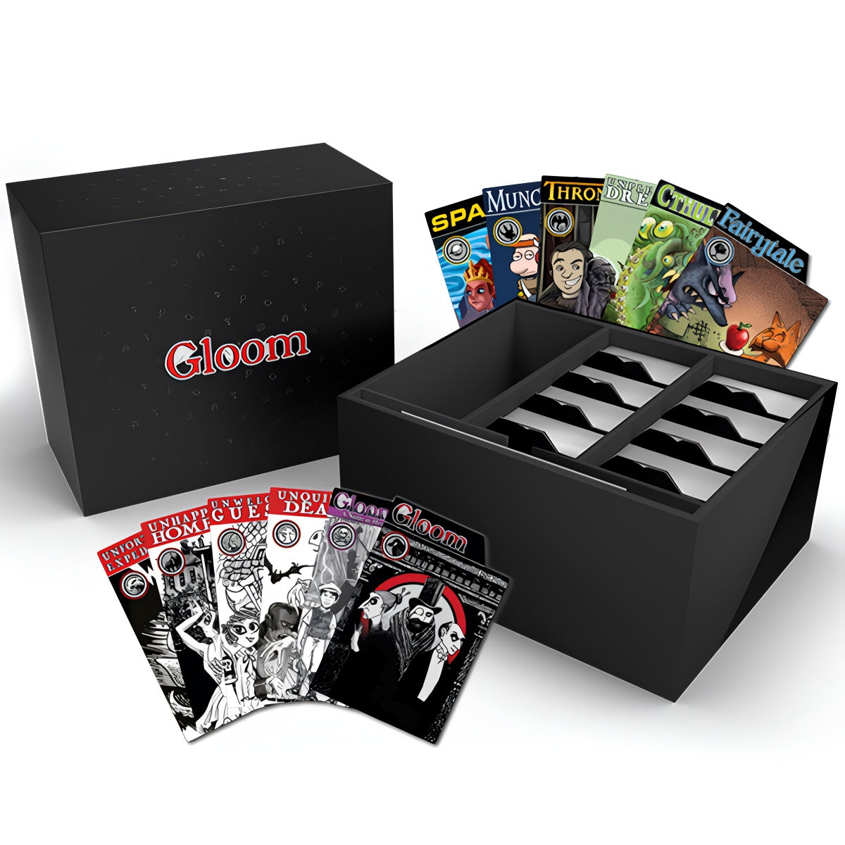 Gloom: Grief Case preorder includes a black storage box, game cards, and expansions for strategic gameplay.