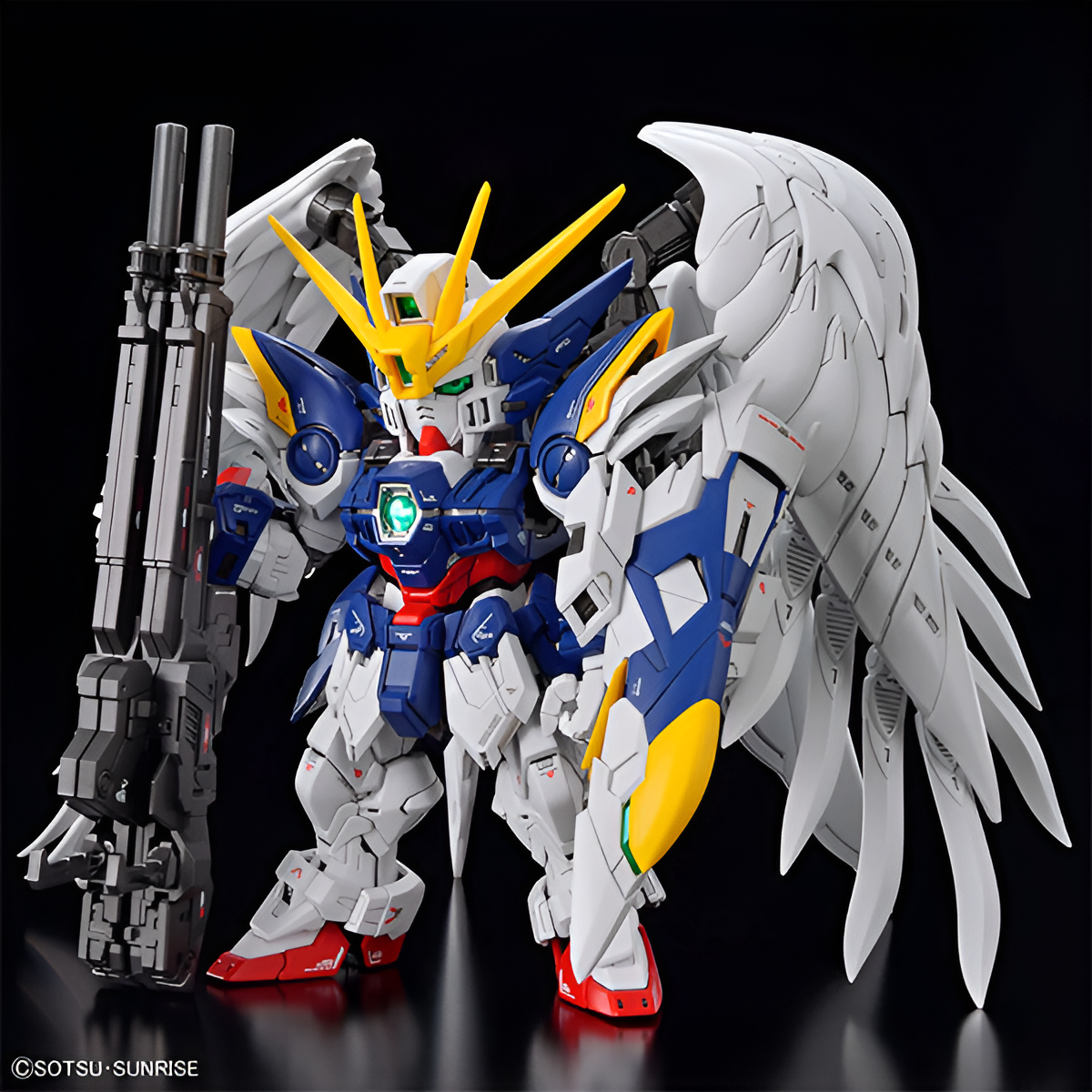 Detailed MGSD Gundam Wing model kit from Endless Waltz, featuring vibrant colors and intricate design with wings and weapons.