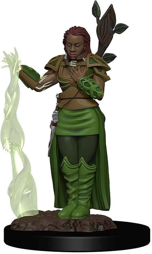 Premium Dungeons & Dragons figure of a human female druid in green attire, casting magic with a glowing vine.