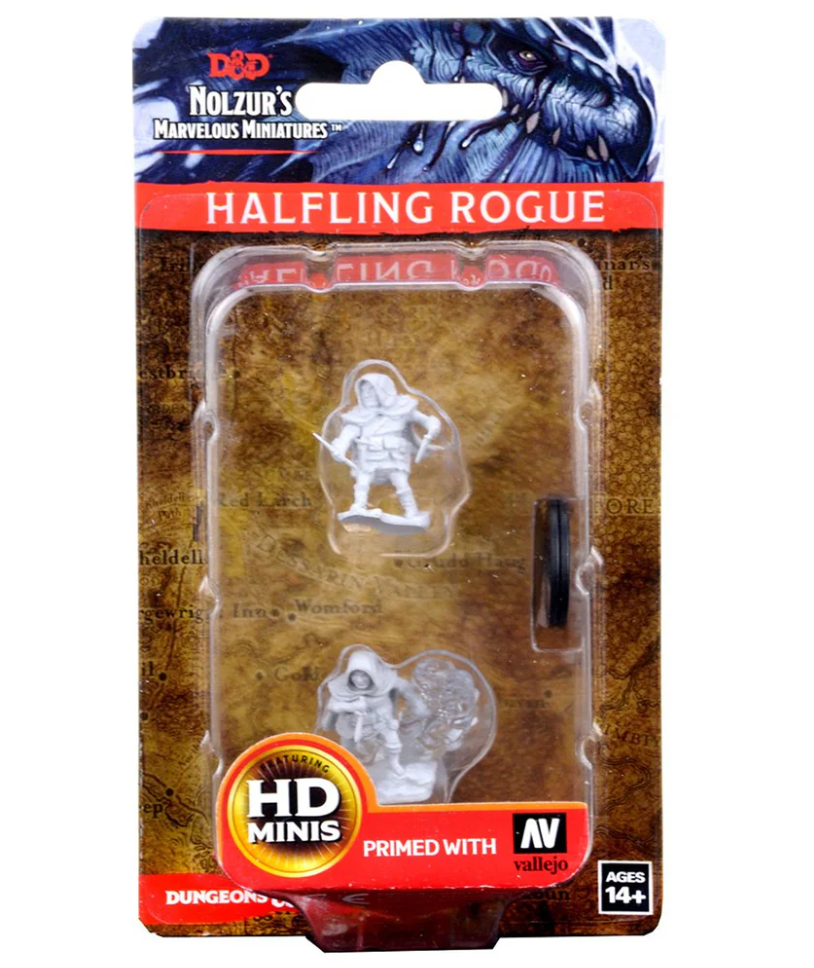 Unpainted miniatures of a male halfling rogue from Dungeons & Dragons, packaged for tabletop gaming.