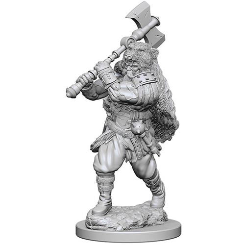 Unpainted miniature of a human male barbarian wielding a large axe, featuring detailed armor and a fur cloak.