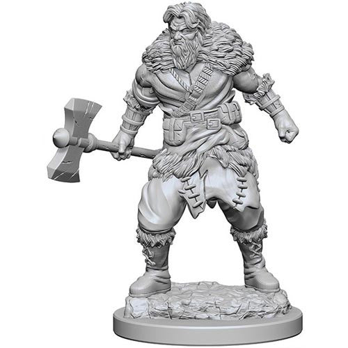 Unpainted miniature of a human male barbarian wielding a large axe, featuring detailed fur clothing and a rugged stance.