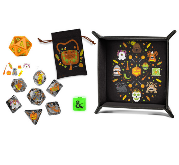 D&D Halloween Haunt Advent Calendar featuring themed dice, a storage pouch, and a decorative game tray with spooky designs.