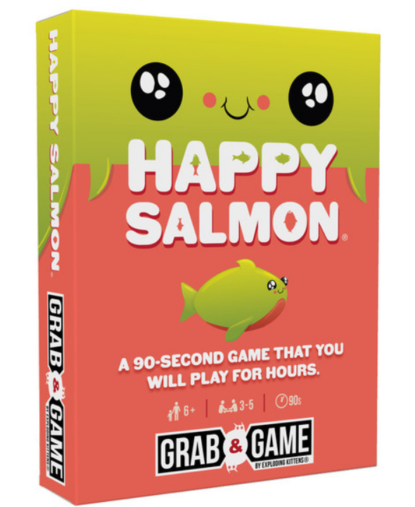 Brightly colored box for Happy Salmon game featuring a smiling salmon and playful text, designed for 3-5 players aged 6 and up.