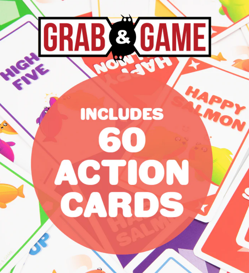 Colorful action cards from the game Grab & Game: Happy Salmon, featuring playful designs and text. Includes 60 cards.