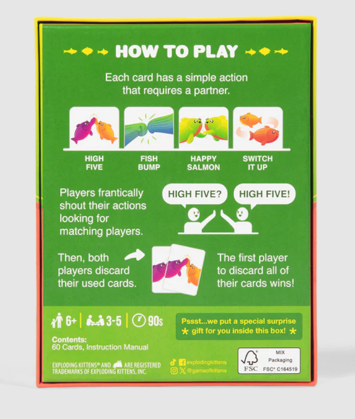 Back of the Happy Salmon game box showing instructions and gameplay overview with colorful illustrations.