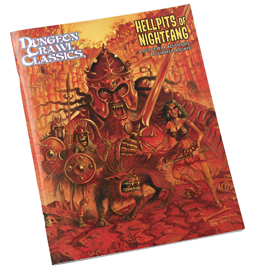 Cover of Dungeon Crawl Classics RPG: Hellpits of Nightfang, featuring a vibrant illustration of warriors and monsters in a fiery landscape.