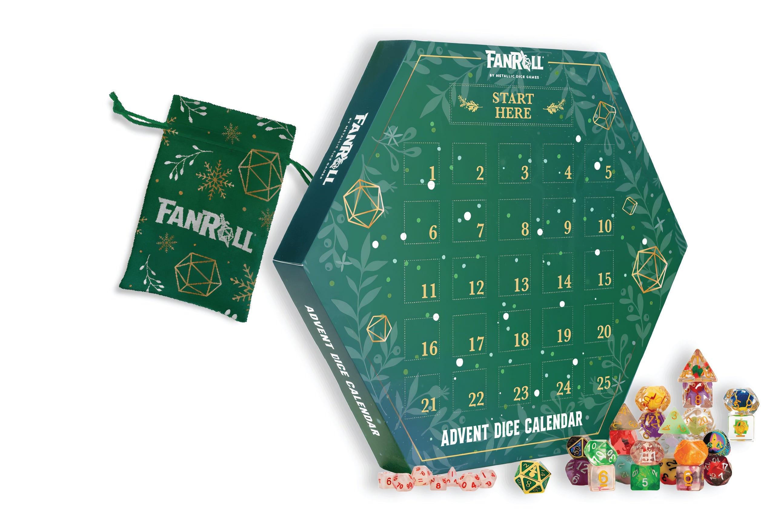 Hexagonal Advent Dice Calendar for 2025 featuring 25 compartments, a festive green design, and a drawstring pouch.