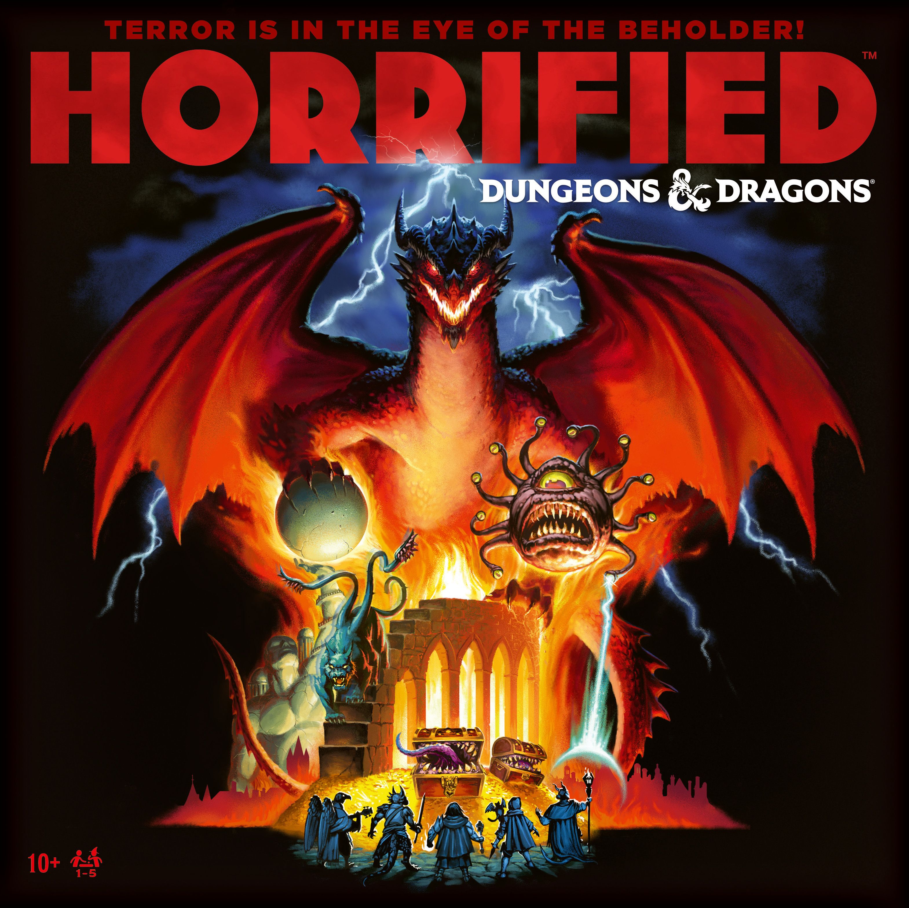 Box art for Horrified: Dungeons & Dragons featuring a dragon, monsters, and a haunted castle scene.