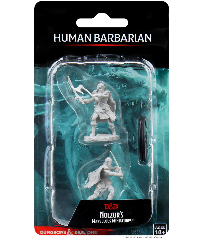 Unpainted miniatures of a human female barbarian from Dungeons & Dragons, featuring two figures in a blister pack.