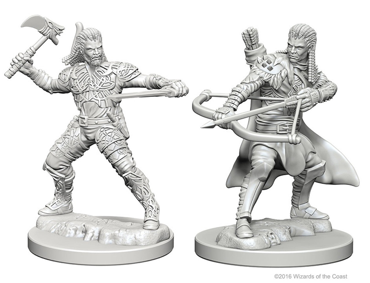 Unpainted miniatures of a human male ranger, one wielding an axe and the other drawing a bow, both on bases.