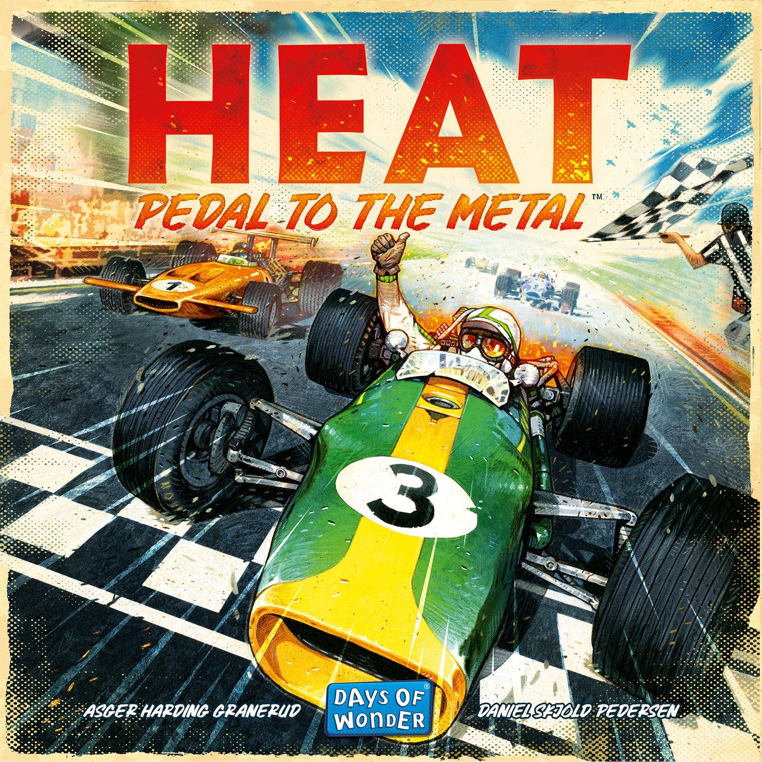 Box cover of Heat: Pedal to the Metal featuring a race car driver in a green and yellow car speeding towards the finish line.