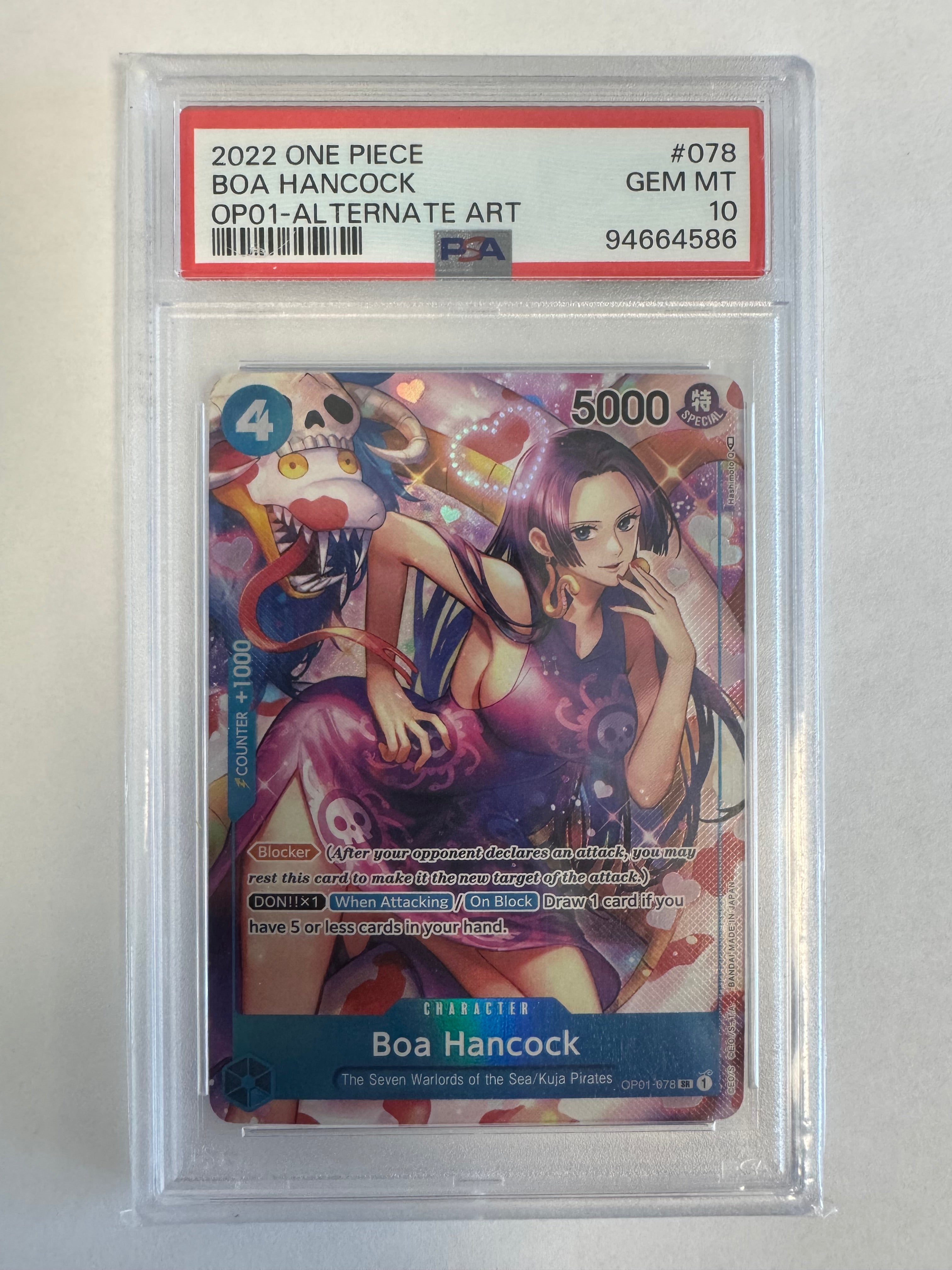 2022 One Piece Boa Hancock alternate art trading card, PSA Gem Mint 10, featuring vibrant colors and detailed character design.