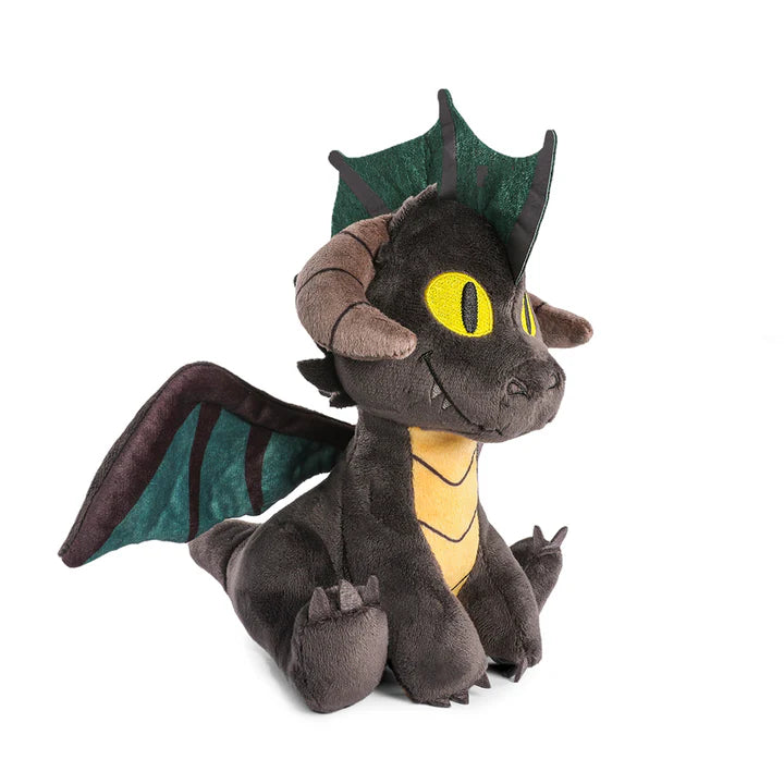 Dungeons & Dragons Black Dragon Phunny Plush by Kidrobot, featuring a cute dragon with yellow eyes and green wings.