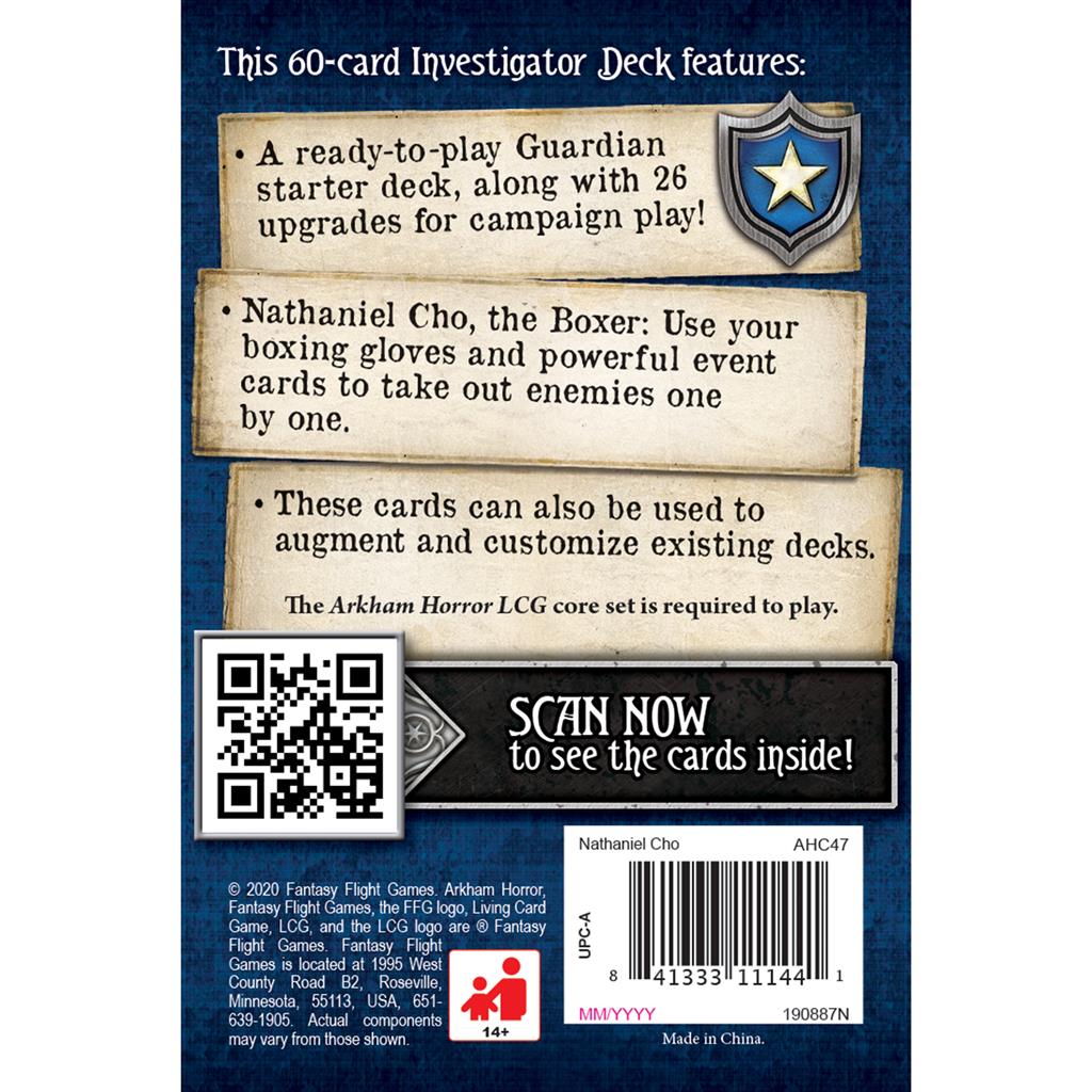 Back of the Arkham Horror LCG Nathaniel Cho Starter Deck, detailing features and card customization options.