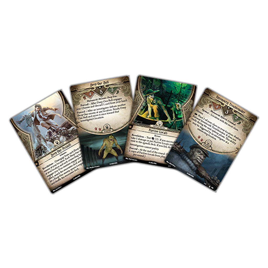 Arkham Horror LCG Innsmouth Conspiracy expansion cards featuring characters and scenarios for immersive gameplay.