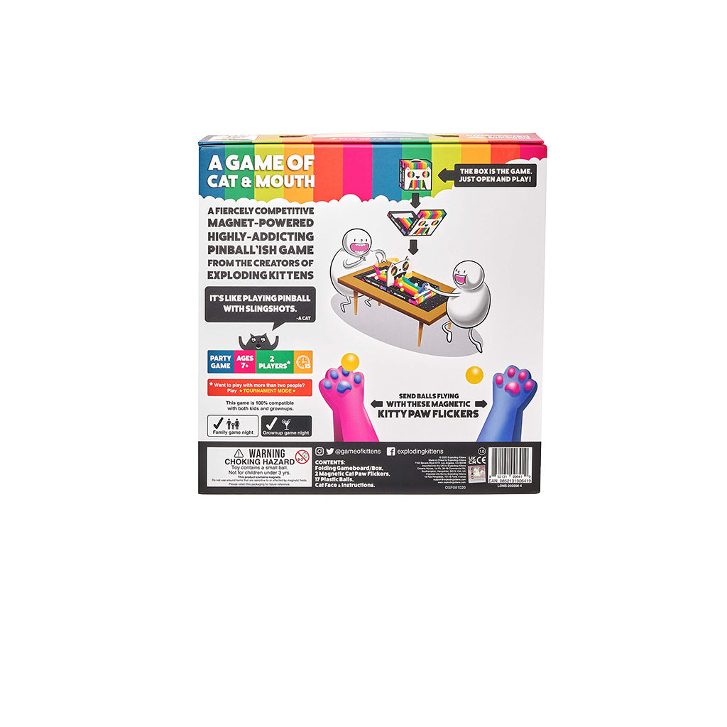 Back of the box for A Game of Cat and Mouth, featuring game components and playful graphics, highlighting competitive gameplay.