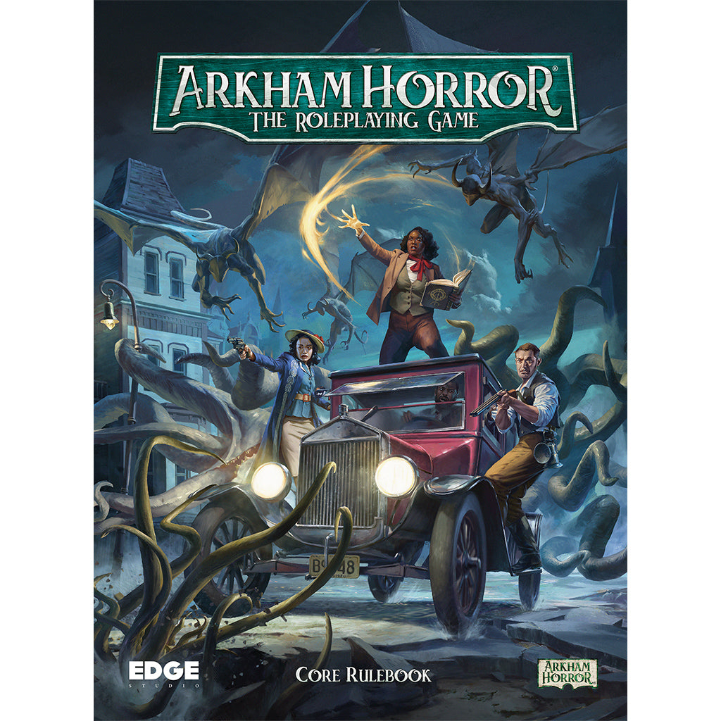 Cover of Arkham Horror RPG Core Rulebook featuring characters battling eldritch creatures near a vintage car.