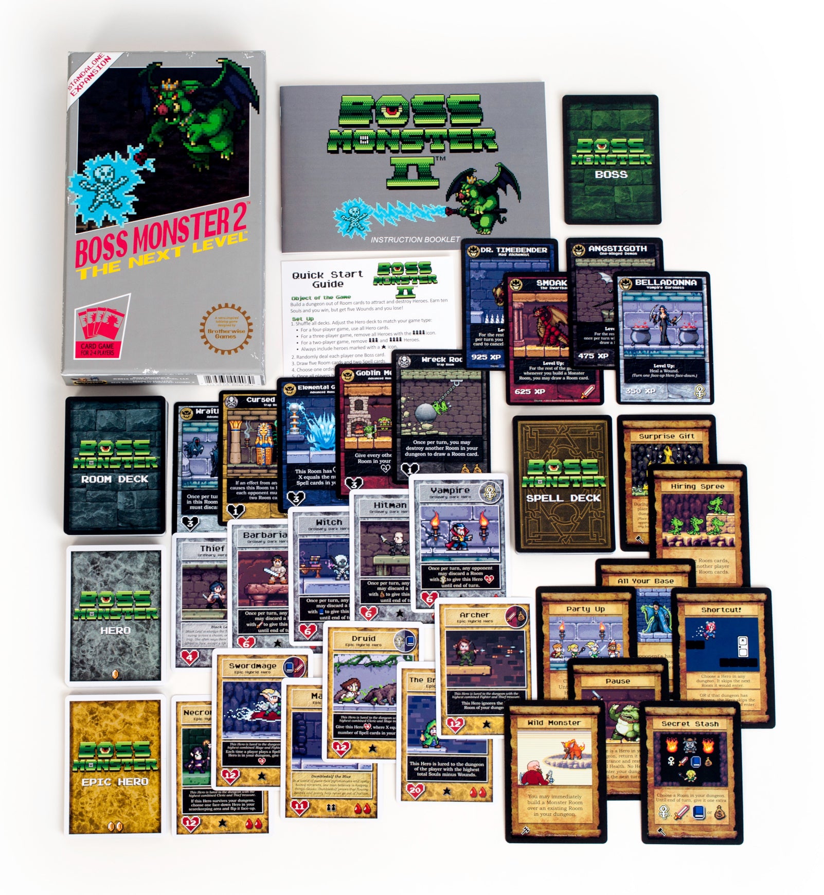 Boss Monster 2: The Next Level game box with cards, rulebook, and components for strategic dungeon-building gameplay.