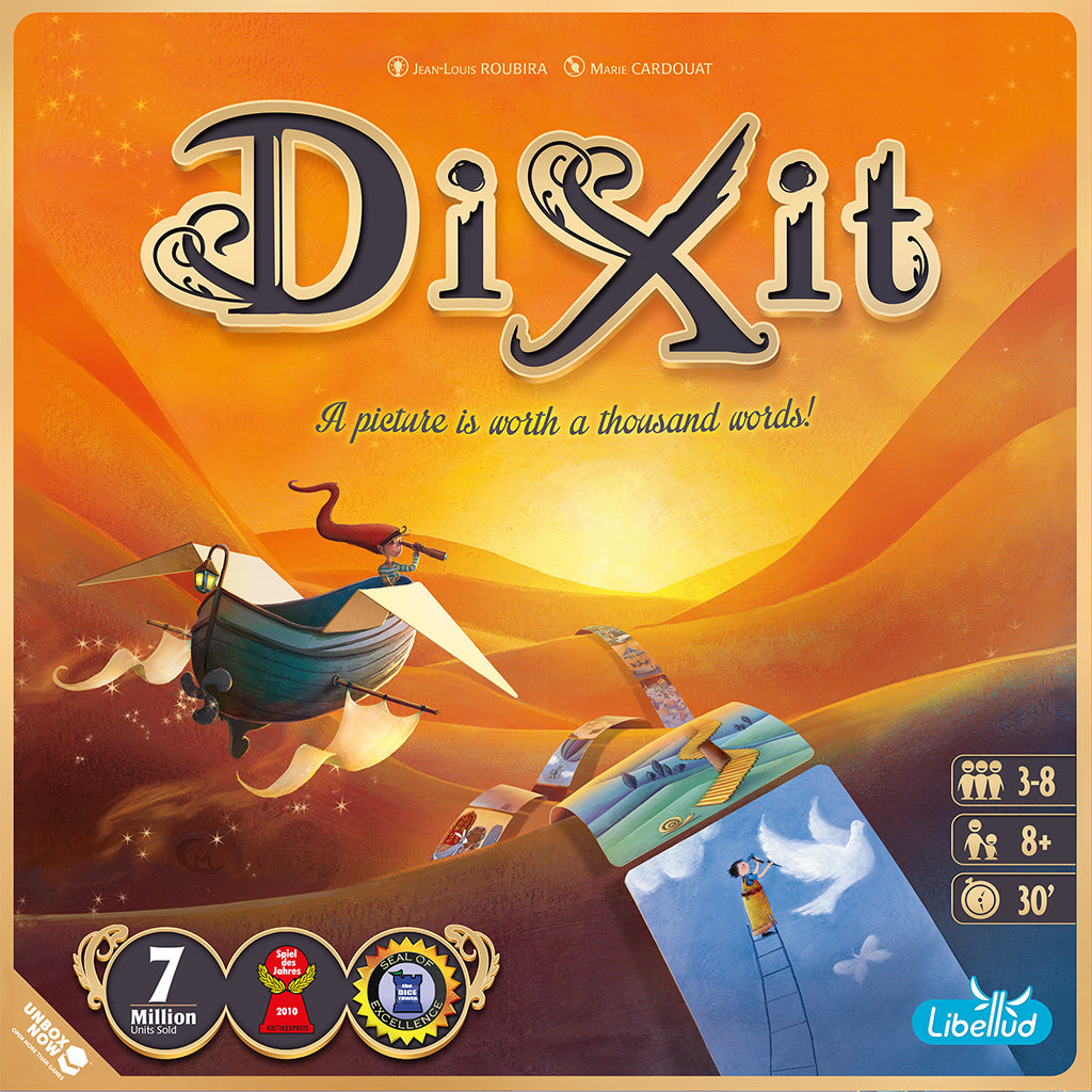 Dixit board game box featuring whimsical artwork of a boat and surreal landscapes, designed for 3-8 players.