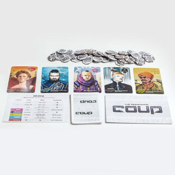 Coup board game setup featuring character cards, coins, and a rules sheet on a neutral background.