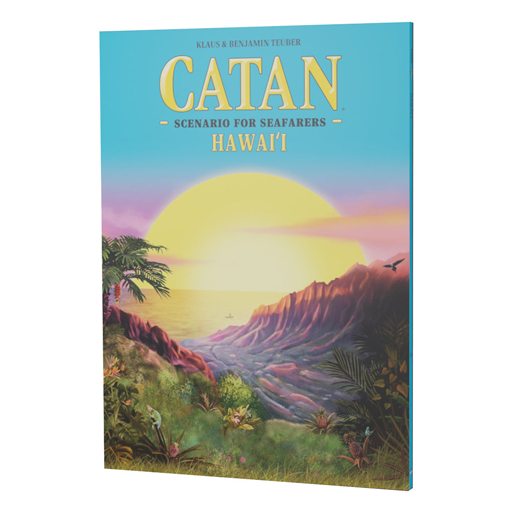 Catan Hawai'i Seafarers Scenario game box featuring vibrant tropical artwork with mountains and a sunset over the ocean.