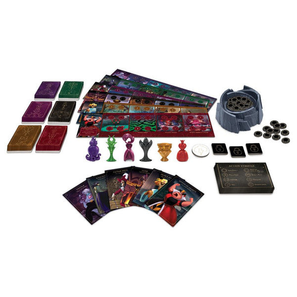 Disney Villainous board game components including character pieces, cards, and a game board arranged on a flat surface.