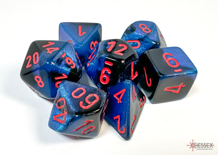 Chessex Gemini Black-Starlight/Red polyhedral 7-dice set featuring shimmering blue and black colors with red numbers.