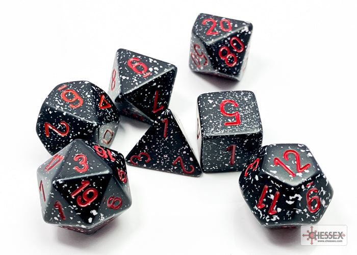 Chessex Speckled Space Polyhedral 7-Dice Set featuring black dice with red numbers and white speckles.