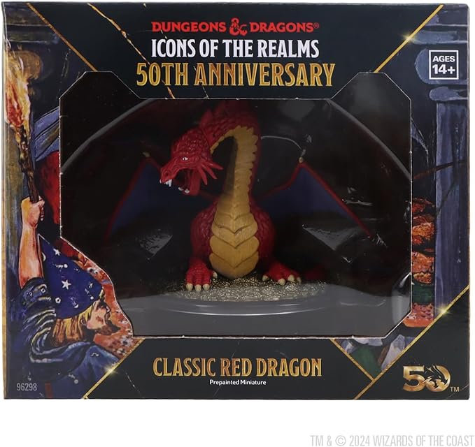 Dungeons & Dragons Classic Red Dragon miniature in a display box, celebrating the 50th anniversary of the game.