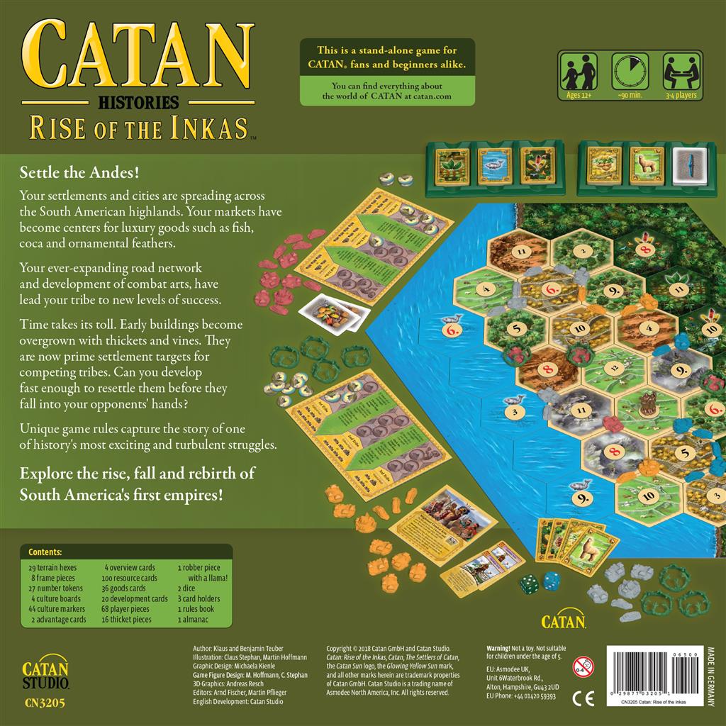 Catan - Rise of the Inkas game box featuring a colorful board layout, resource tiles, and game pieces for strategy gameplay.
