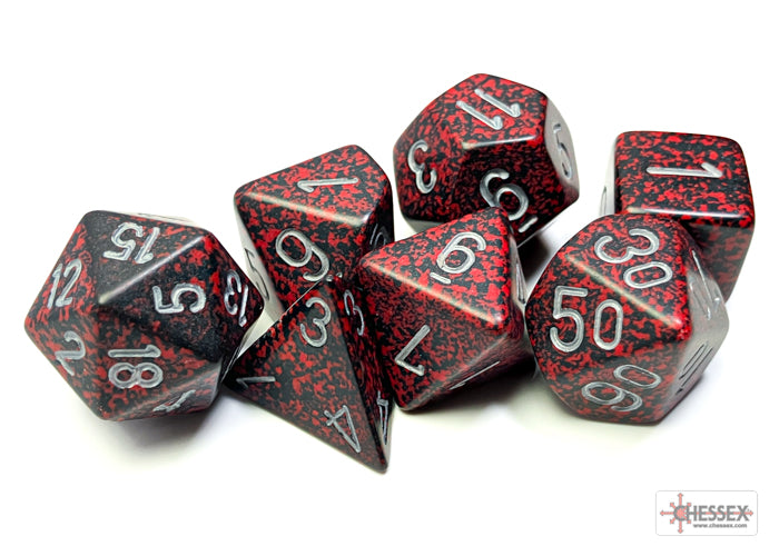 Speckled silver and red polyhedral 7-dice set by Chessex, featuring various shapes and clear numbering.
