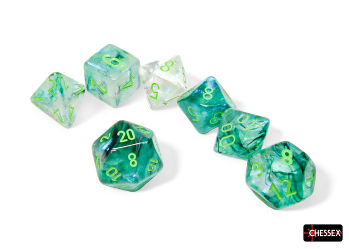 Chessex Borealis Kelp/Light Green Luminary polyhedral 7-dice set featuring translucent green and clear dice with bright green numbers.