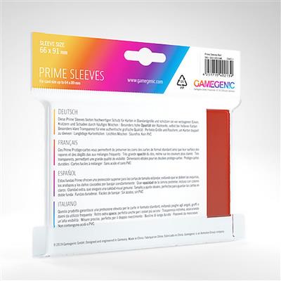 Gamegenic PRIME Sleeves in red, designed for card protection, featuring a pack of 100 sleeves measuring 66 x 91 mm.