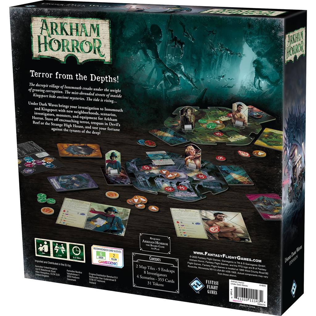 Arkham Horror 3E Under Dark Waves Expansion box back, featuring game components, artwork, and description of gameplay elements.
