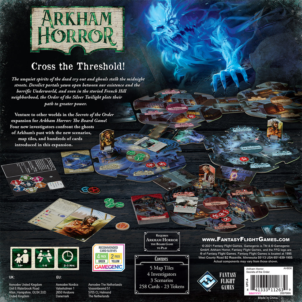 Back cover of Arkham Horror: Secrets of the Order board game, featuring game components, artwork, and description of the expansion.