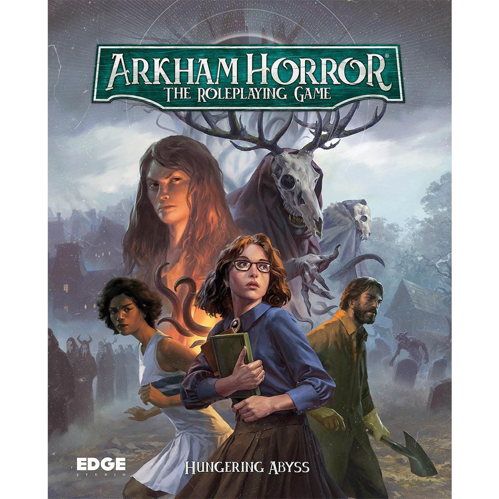 Arkham Horror RPG Starter Set: Hungering Abyss cover featuring characters in a mysterious, dark setting with supernatural elements.