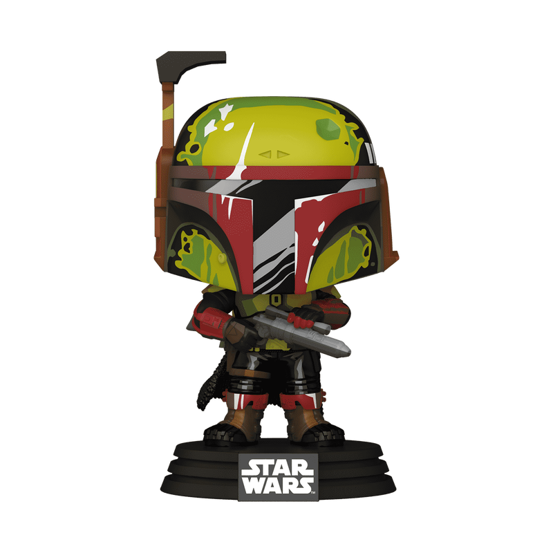 Funko Pop! Boba Fett Retro #769 features a colorful bobblehead with a distinctive helmet and blaster, standing on a black base.