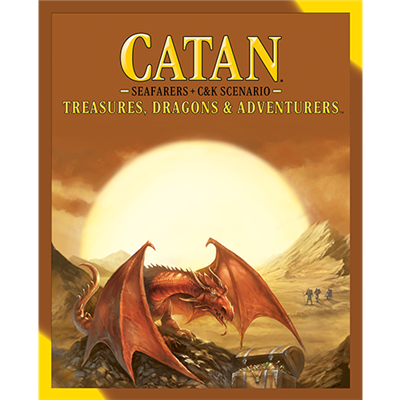 Catan Treasures, Dragons & Adventurers scenario box featuring a dragon and adventurers in a desert landscape.