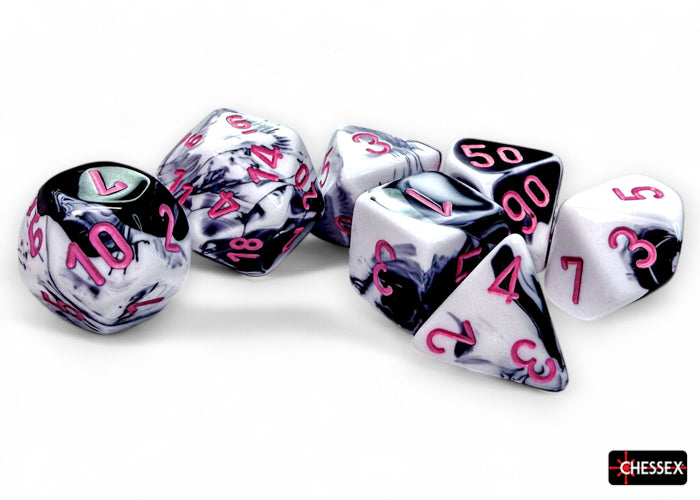 Chessex Gemini Black-White/Pink Polyhedral 7-Dice Set featuring marbled black and white dice with pink numbers.