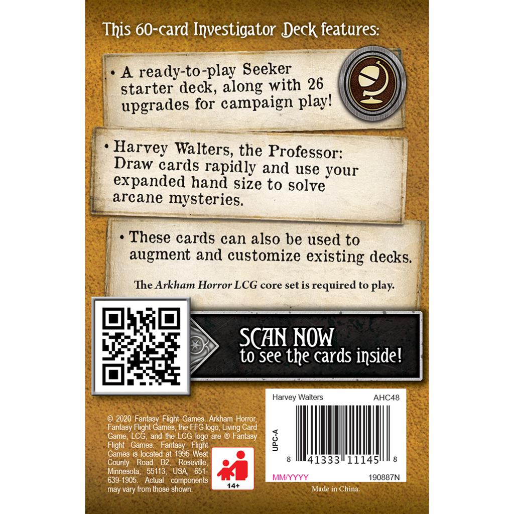 Back of the Arkham Horror LCG Harvey Walters Starter Deck, showcasing deck details and QR code for card access.