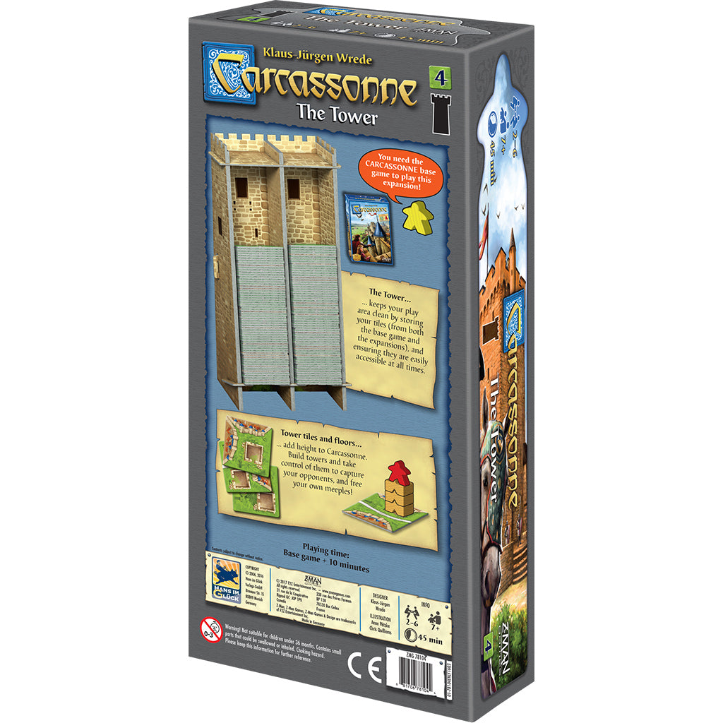 Box for Carcassonne Expansion 4: The Tower featuring game components, rules, and tower illustrations.