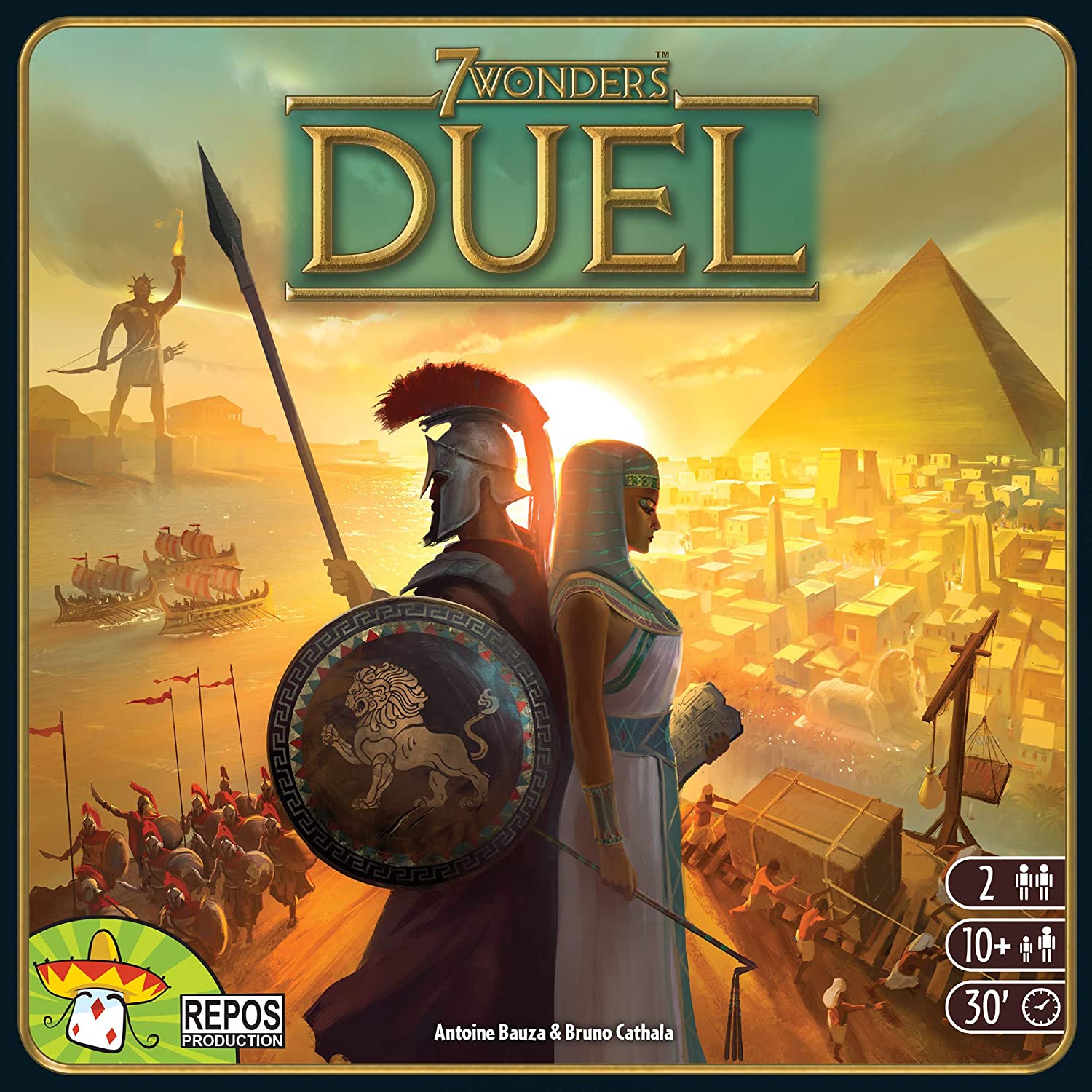 Box cover of 7 Wonders Duel featuring a Spartan warrior and an Egyptian queen with a pyramid in the background.
