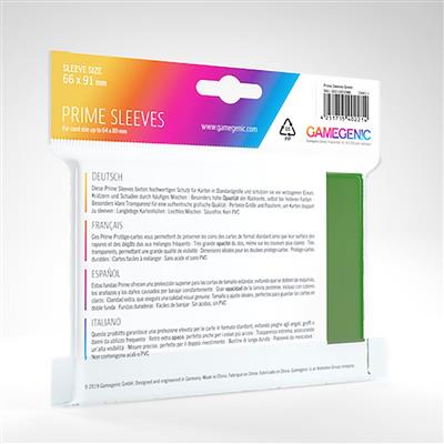 Gamegenic PRIME Sleeves in green, pack of 100, designed for card protection, measuring 66 x 91 mm.
