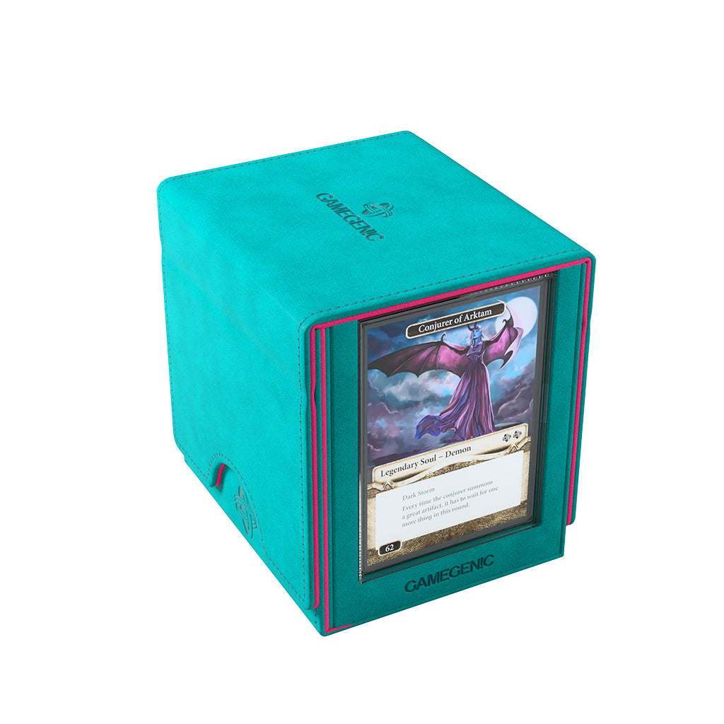 Gamegenic Sidekick Pro 100+ XL Convertible in teal and pink, designed for card storage with a clear front display.