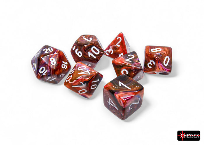 Chessex Festive Symphony/White Polyhedral 7-Dice Set featuring vibrant red and orange swirls with white numbering.