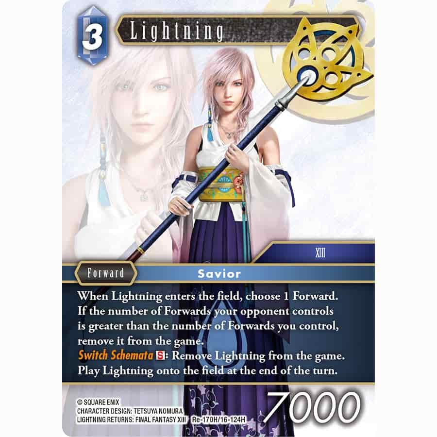 Final Fantasy TCG Legacy Collection Booster featuring Lightning card with stats and abilities for gameplay.