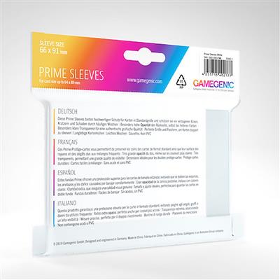 Gamegenic PRIME Sleeves in white, pack of 100, designed for card protection, measuring 66 x 91 mm.