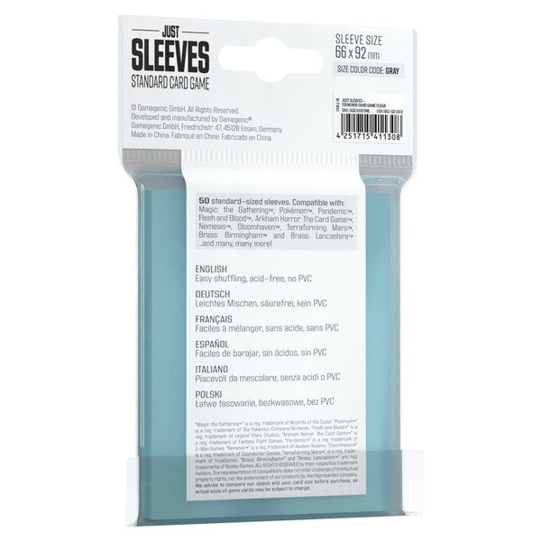Gray standard card game sleeves by GameGenic, pack of 50, designed for easy shuffling and protection of cards.