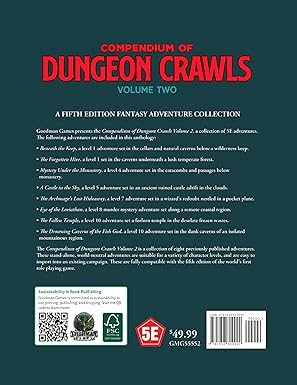 Back cover of the Dungeons & Dragons 5E Compendium of Dungeon Crawls Volume 2, featuring a description of the adventure collection.